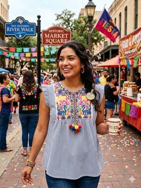 Floerns NWT Women's Ruffle Striped Mexican Embroidered Babydoll Blouse top M